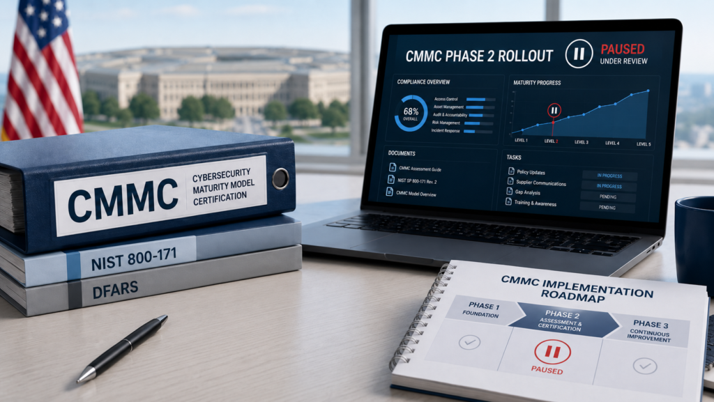 CMMC Phase 2 paused dashboard beside NIST 800-171 and DFARS binders, with the Pentagon in the background.